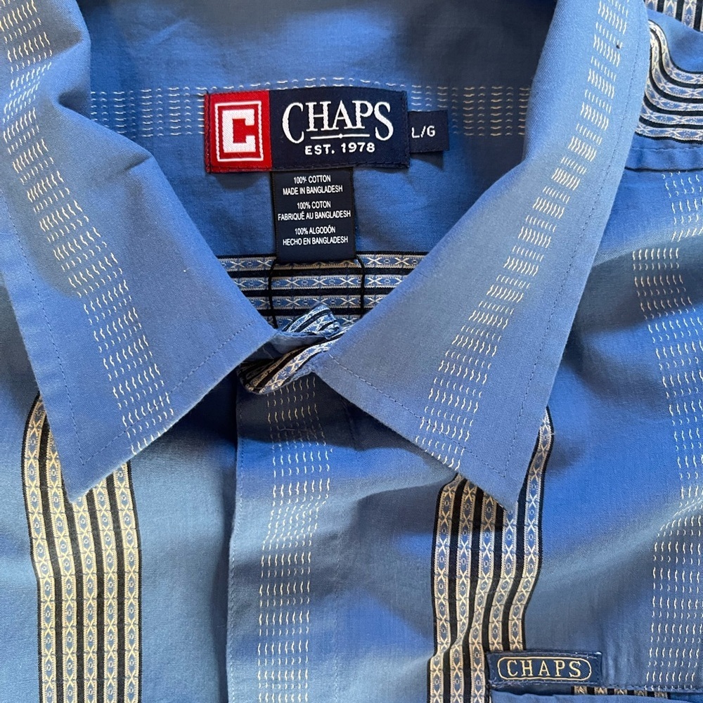 NWT Chaps blue short-sleeve button-down shirt vertical stripes & chest pocket. - Picture 2 of 11